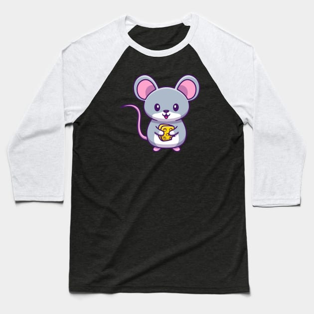 Cute Mouse Holding Cheese Cartoon Baseball T-Shirt by Catalyst Labs